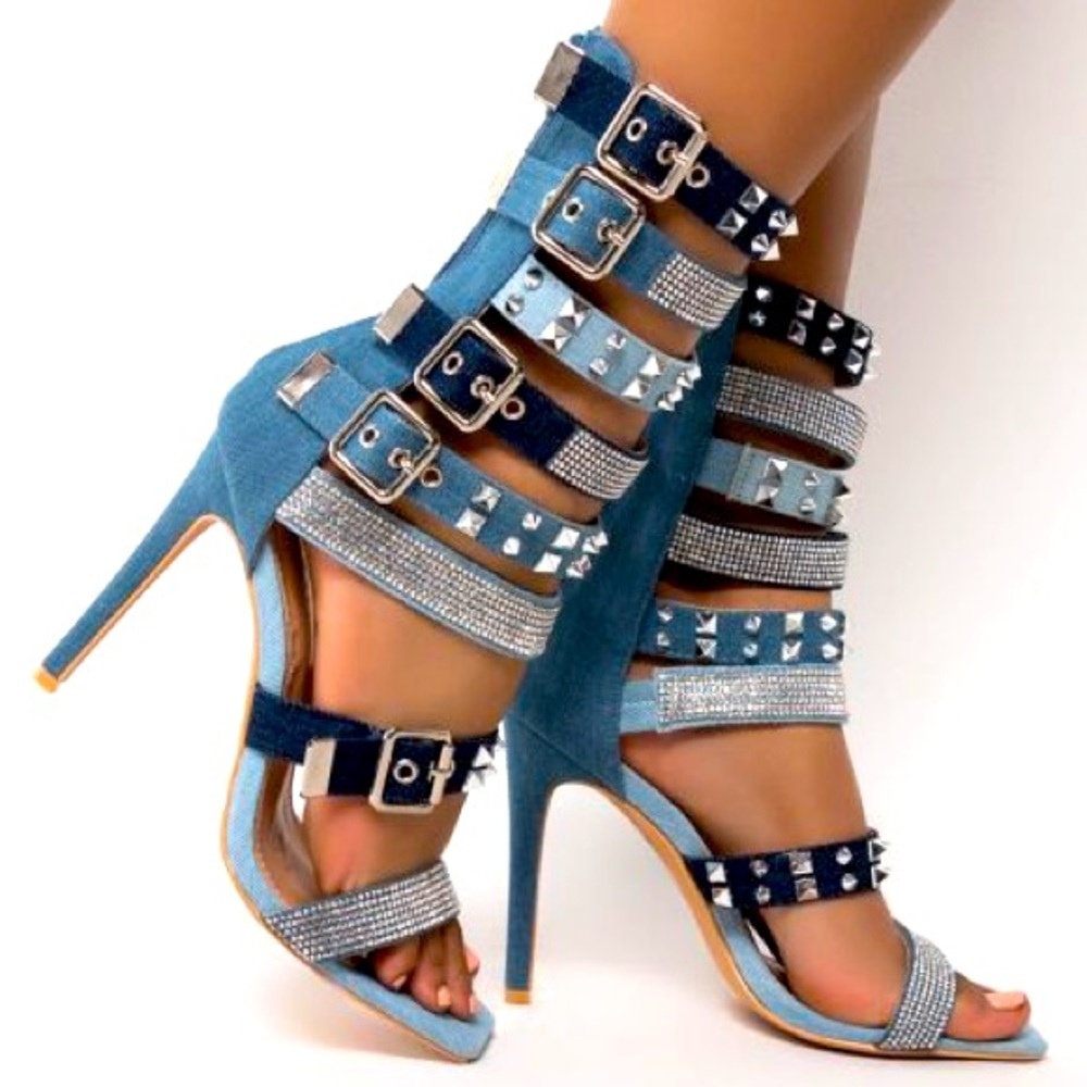 Azalea Wang Rhinestone Denim Open Toe Stiletto High Heel Gladiator Sanda…